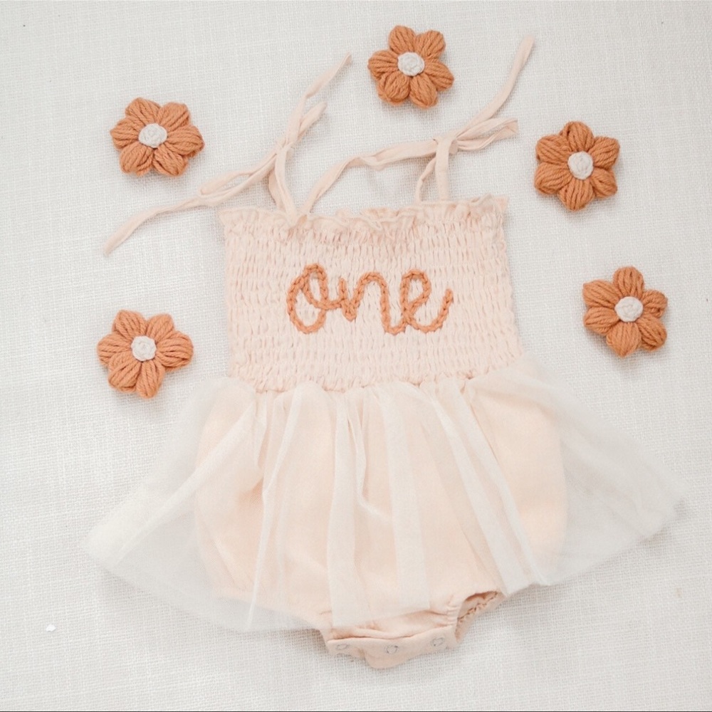 First Birthday Romper Hand-embroidered - Size 9-12 months